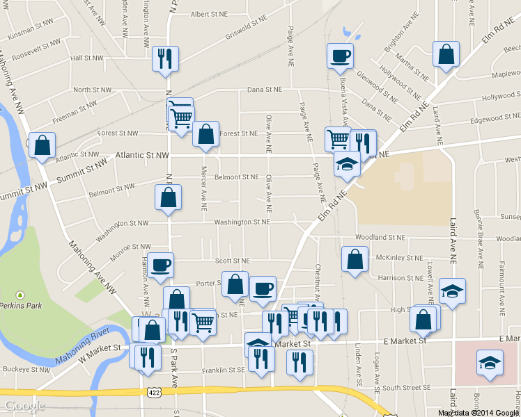 map of restaurants, bars, coffee shops, grocery stores, and more near 639 Olive Avenue Northeast in Niles