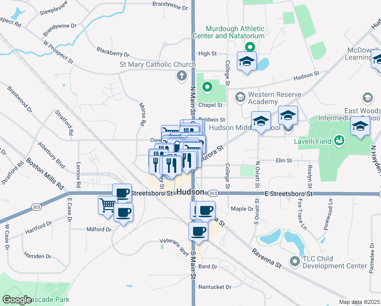 map of restaurants, bars, coffee shops, grocery stores, and more near 186 North Main Street in Hudson