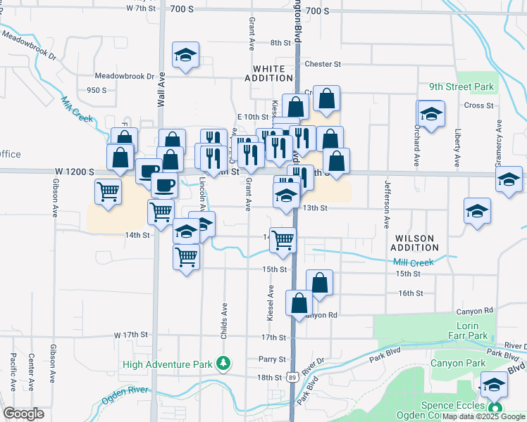 map of restaurants, bars, coffee shops, grocery stores, and more near 327 13th Street in Ogden