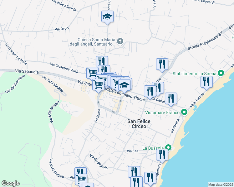 map of restaurants, bars, coffee shops, grocery stores, and more near 68 Viale Tommaso Tittoni in San Felice Circeo