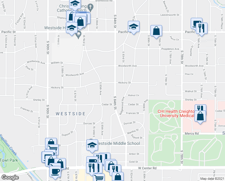 map of restaurants, bars, coffee shops, grocery stores, and more near 1722 South 84th Street in Omaha