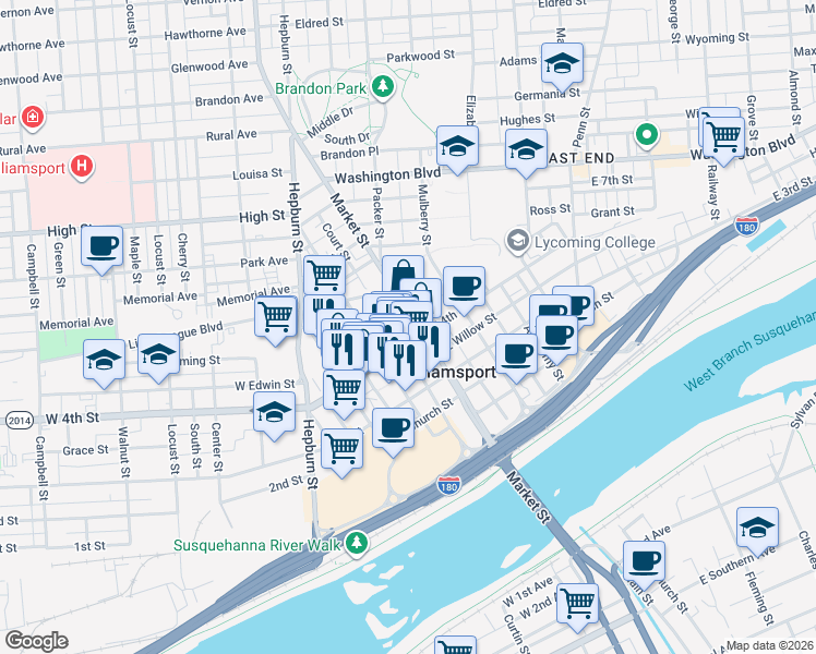 map of restaurants, bars, coffee shops, grocery stores, and more near 4 West 4th Street in Williamsport
