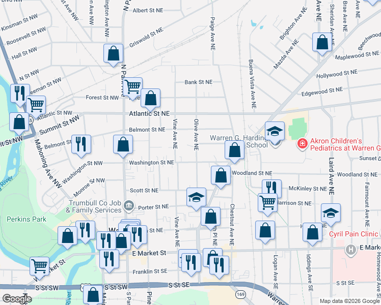 map of restaurants, bars, coffee shops, grocery stores, and more near 639 Olive Avenue Northeast in Niles