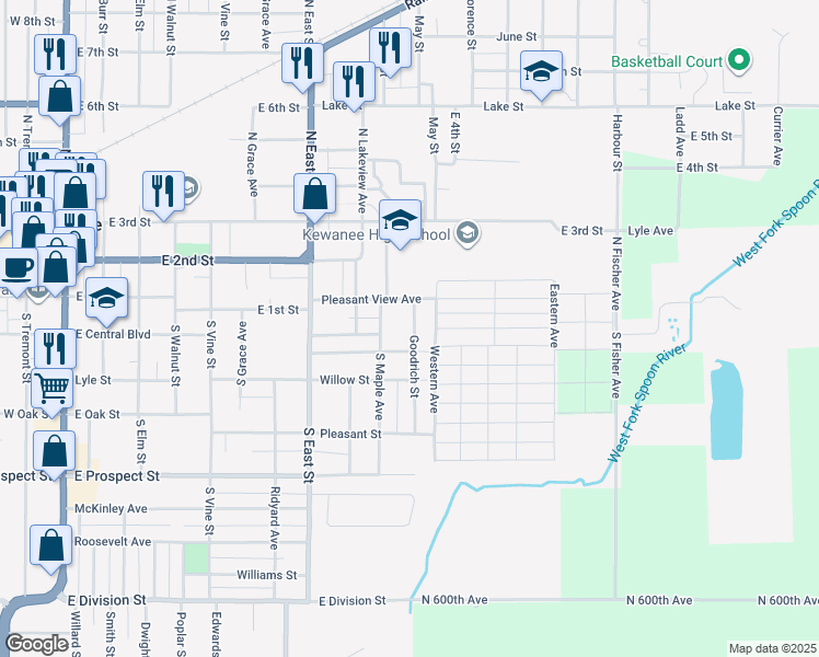 map of restaurants, bars, coffee shops, grocery stores, and more near 123 Goodrich Street in Kewanee