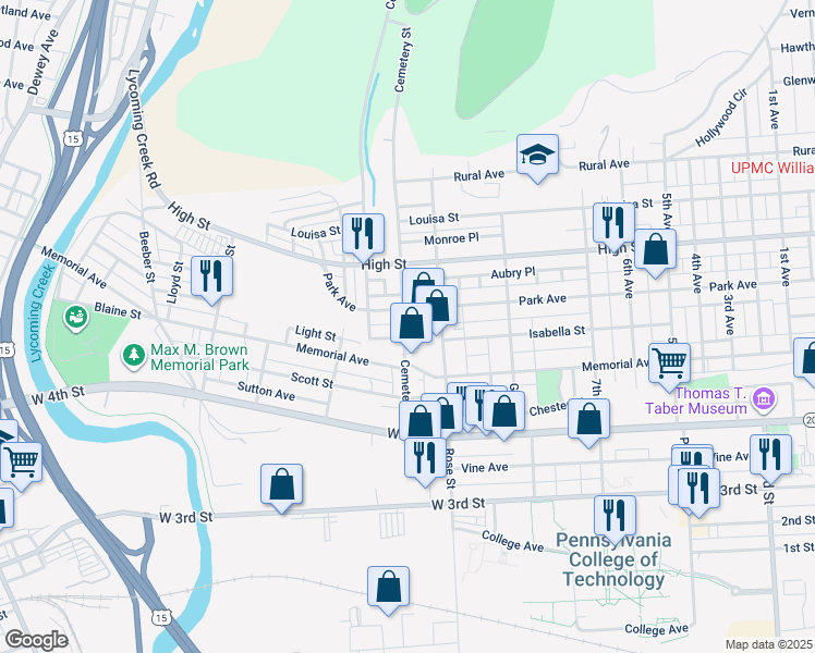 map of restaurants, bars, coffee shops, grocery stores, and more near 632 Cemetery Street in Williamsport