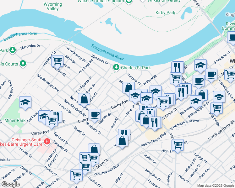 map of restaurants, bars, coffee shops, grocery stores, and more near 3 Kirkendall Avenue in Wilkes-Barre