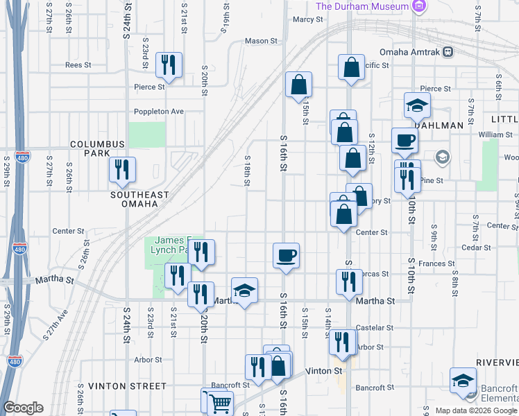 map of restaurants, bars, coffee shops, grocery stores, and more near 1718-1/2 South 17th Street in Omaha