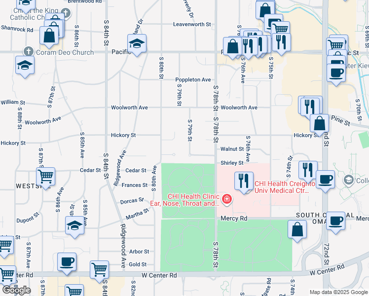 map of restaurants, bars, coffee shops, grocery stores, and more near 1710 South 79th Street in Omaha