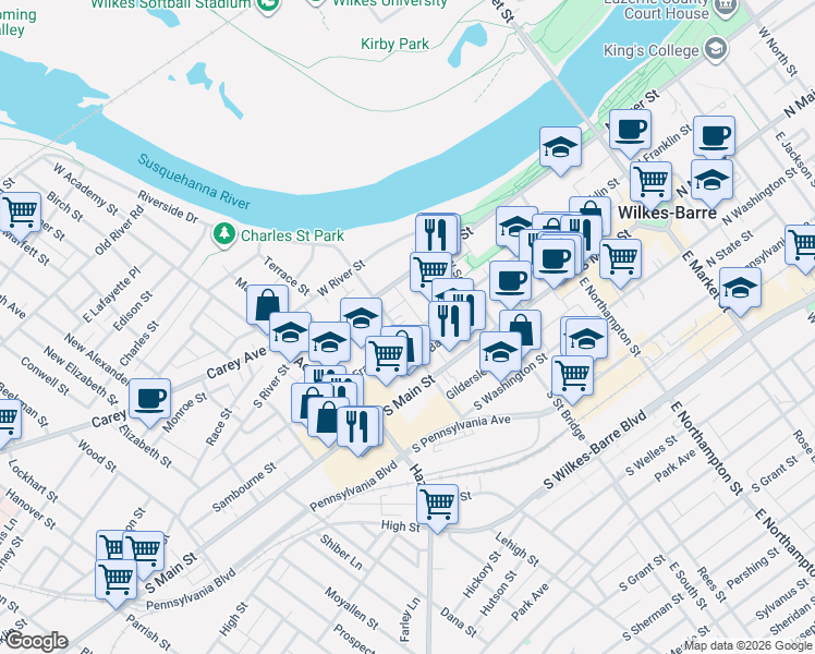 map of restaurants, bars, coffee shops, grocery stores, and more near 281 South Franklin Street in Wilkes-Barre
