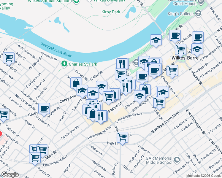 map of restaurants, bars, coffee shops, grocery stores, and more near 68 West Ross Street in Wilkes-Barre