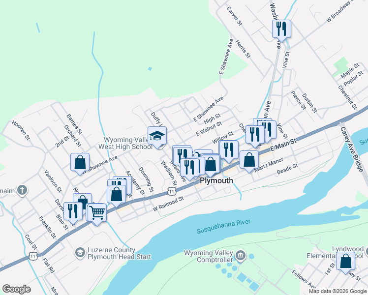 map of restaurants, bars, coffee shops, grocery stores, and more near 16 West Walnut Street in Plymouth