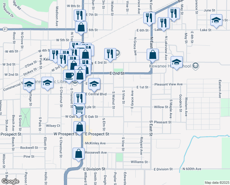 map of restaurants, bars, coffee shops, grocery stores, and more near 400 East Central Boulevard in Kewanee