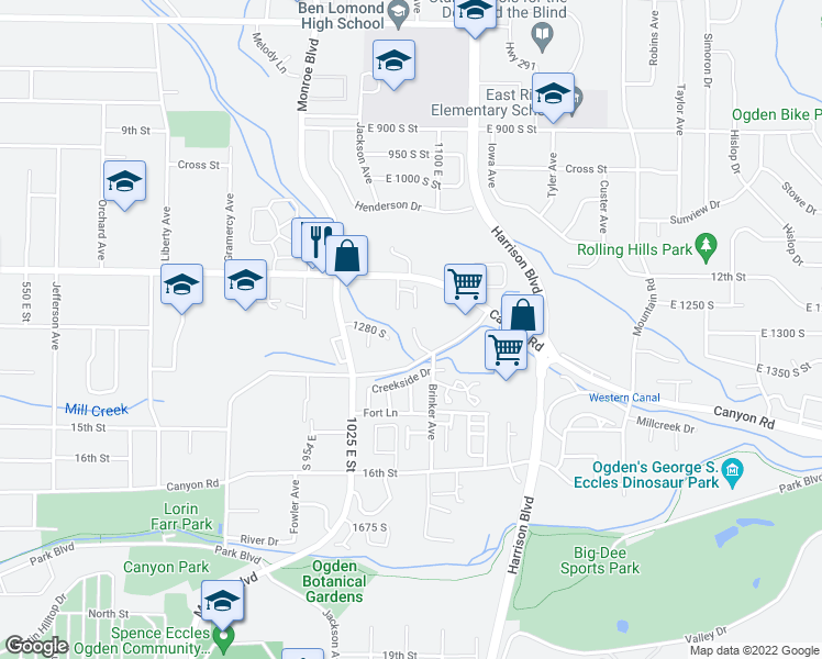 map of restaurants, bars, coffee shops, grocery stores, and more near 1120 Canyon Road in Ogden