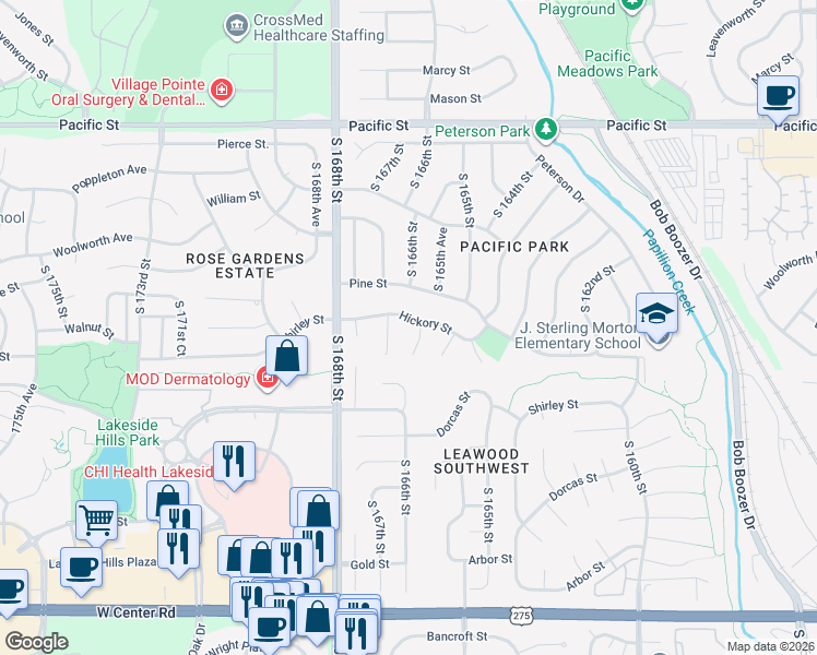 map of restaurants, bars, coffee shops, grocery stores, and more near 16611 Hickory Street in Omaha