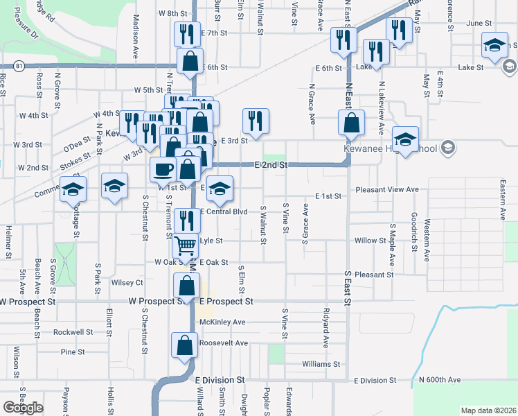 map of restaurants, bars, coffee shops, grocery stores, and more near 400 East Central Boulevard in Kewanee