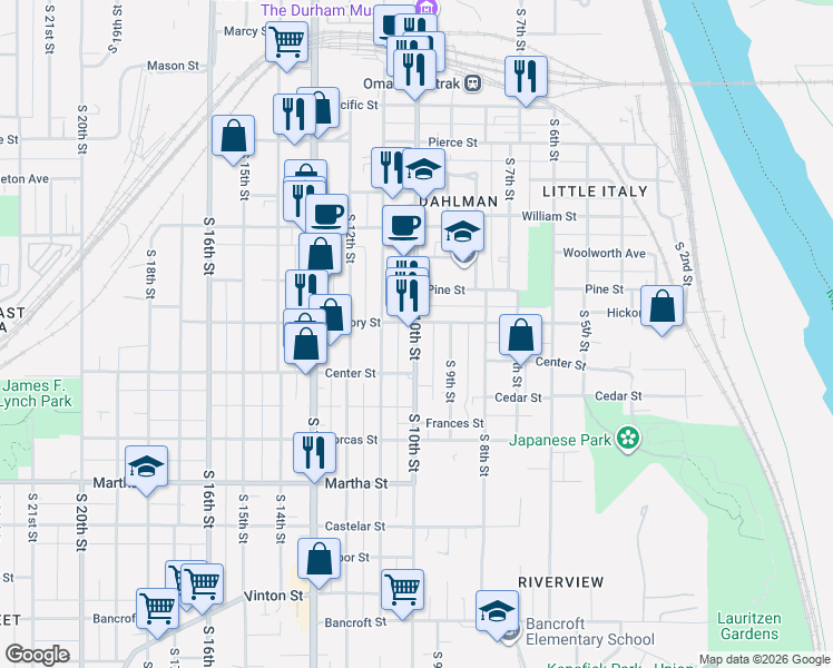 map of restaurants, bars, coffee shops, grocery stores, and more near 1708 South 10th Street in Omaha