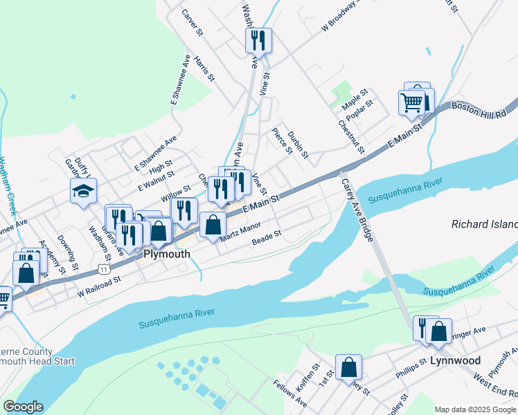 map of restaurants, bars, coffee shops, grocery stores, and more near 262 U.S. 11 in Plymouth