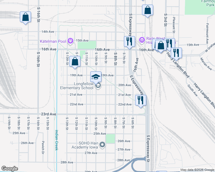map of restaurants, bars, coffee shops, grocery stores, and more near 2001 South 9th Street in Council Bluffs