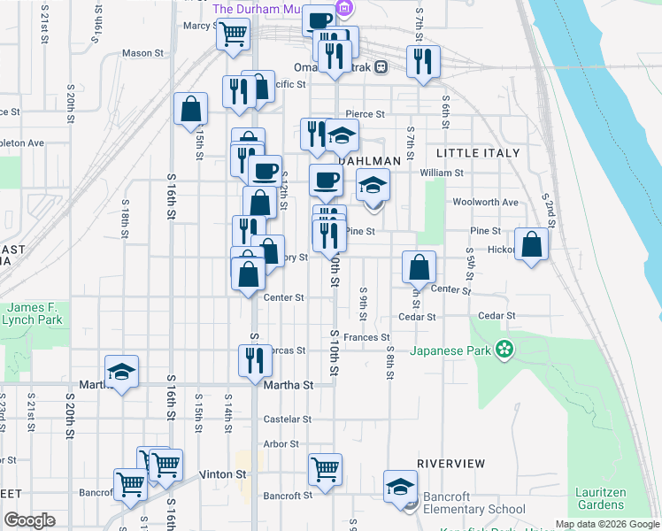 map of restaurants, bars, coffee shops, grocery stores, and more near 1708 South 10th Street in Omaha