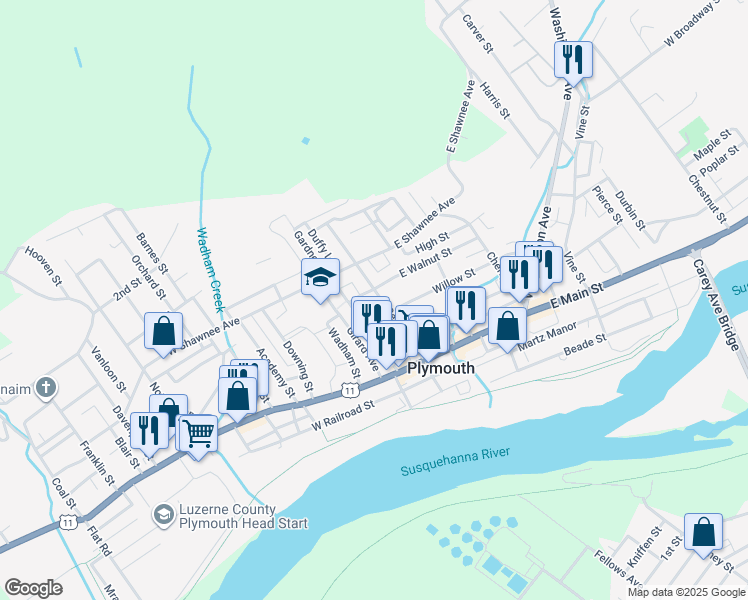 map of restaurants, bars, coffee shops, grocery stores, and more near 16 West Walnut Street in Plymouth