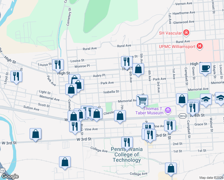 map of restaurants, bars, coffee shops, grocery stores, and more near 1124 Isabella Street in Williamsport