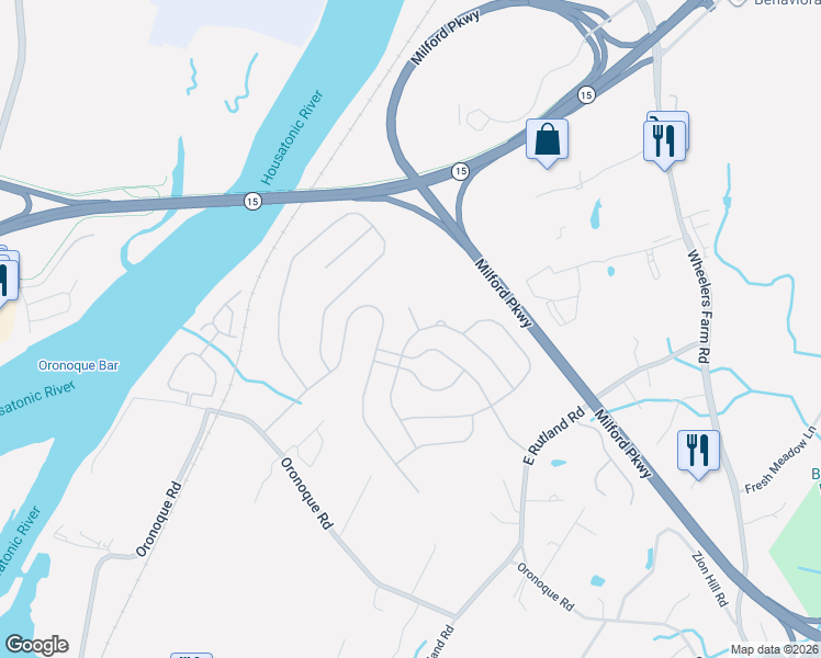 map of restaurants, bars, coffee shops, grocery stores, and more near 176 Acorn Lane in Milford