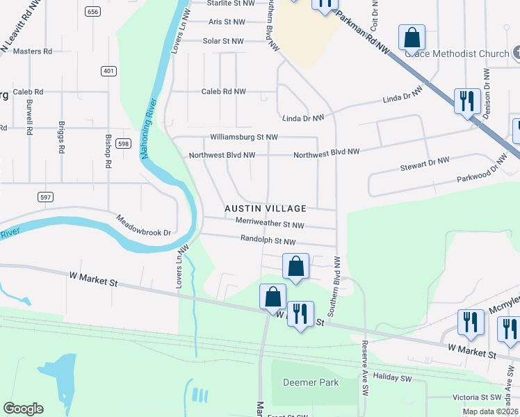 map of restaurants, bars, coffee shops, grocery stores, and more near 2955 Clearwater Street Northwest in Warren