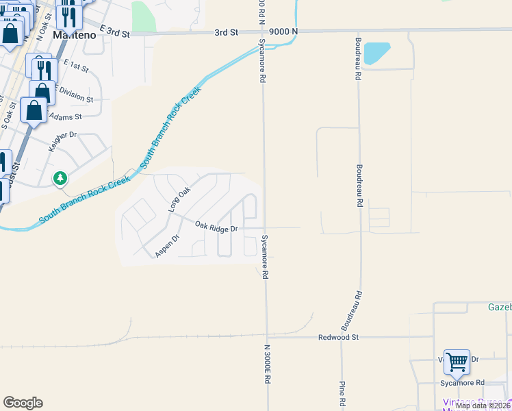 map of restaurants, bars, coffee shops, grocery stores, and more near 852 Garden Drive in Manteno