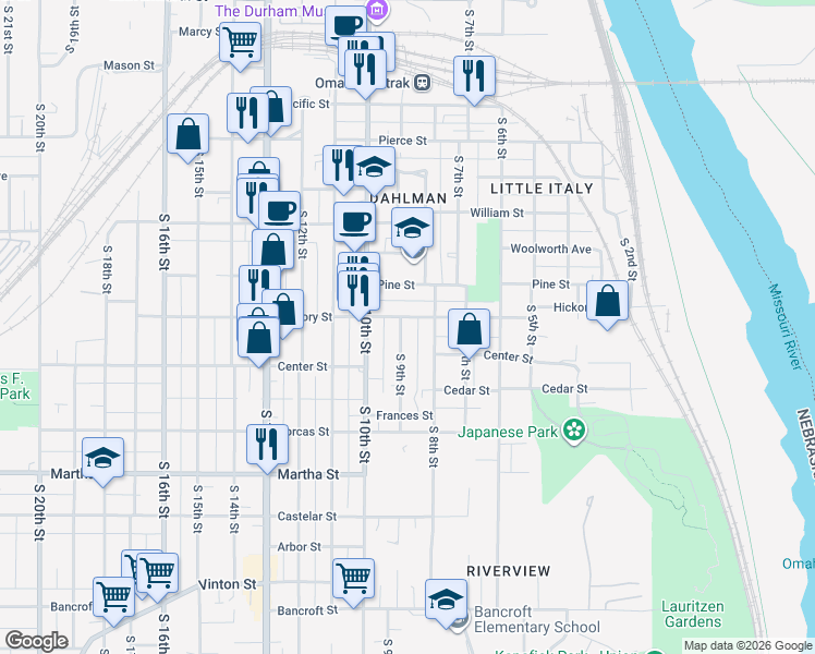 map of restaurants, bars, coffee shops, grocery stores, and more near 1705 South 9th Street in Omaha