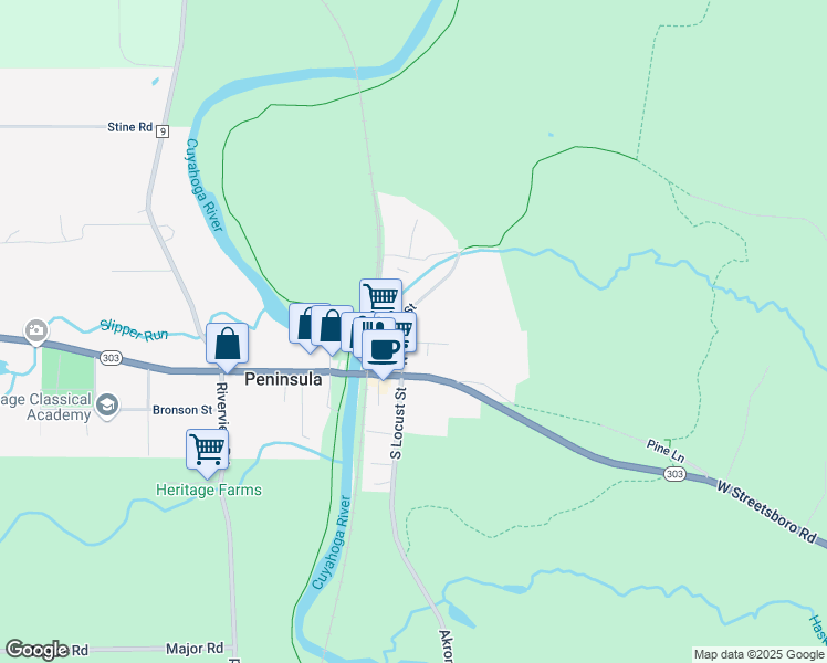 map of restaurants, bars, coffee shops, grocery stores, and more near 6109 North Locust Street in Peninsula
