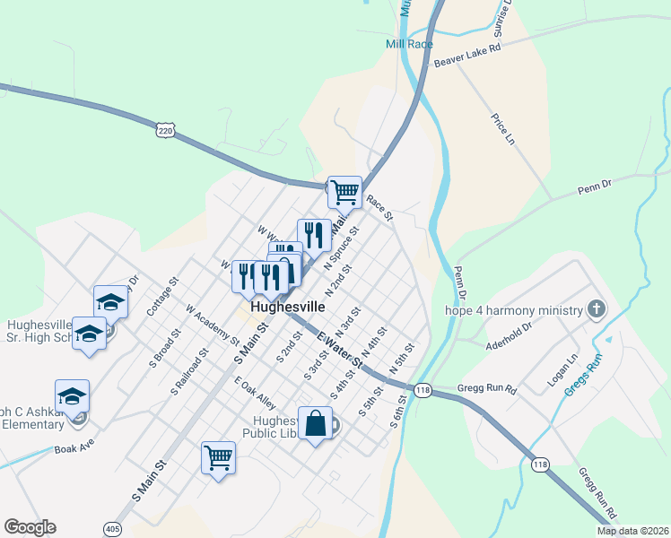 map of restaurants, bars, coffee shops, grocery stores, and more near 104 North Main Street in Hughesville