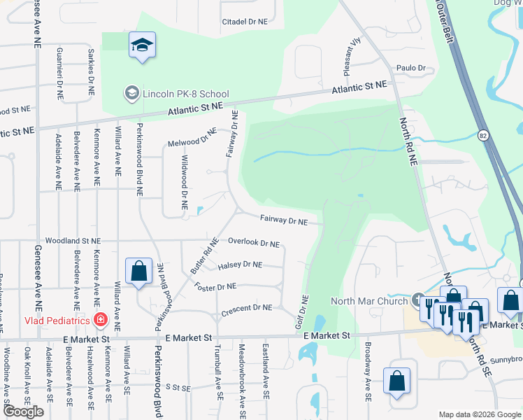 map of restaurants, bars, coffee shops, grocery stores, and more near 462 Fairway Drive Northeast in Warren