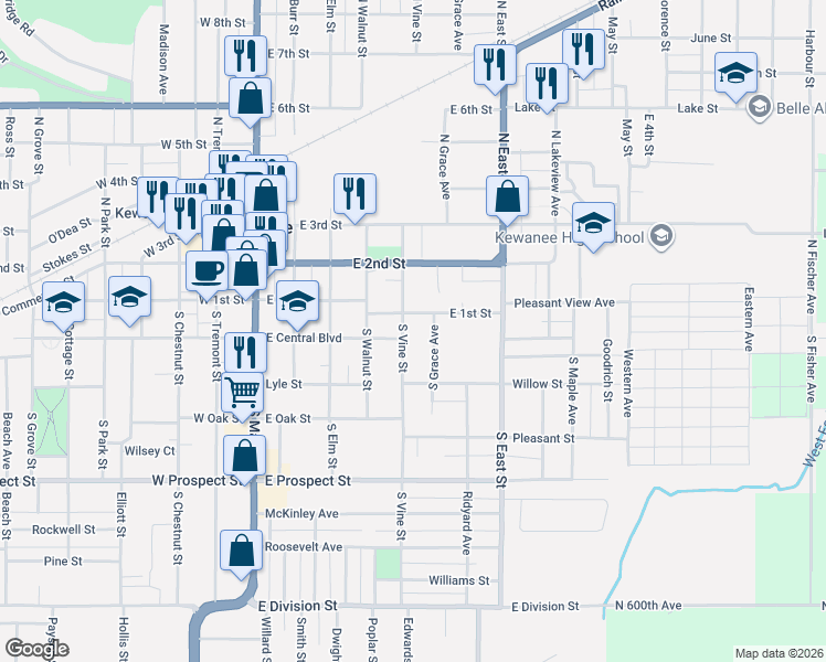 map of restaurants, bars, coffee shops, grocery stores, and more near 112 South Vine Street in Kewanee
