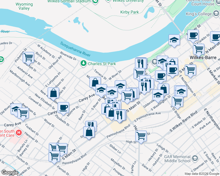 map of restaurants, bars, coffee shops, grocery stores, and more near 377 South River Street in Wilkes-Barre