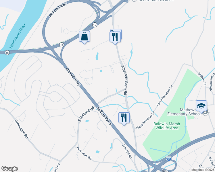 map of restaurants, bars, coffee shops, grocery stores, and more near 55 East Rutland Road in Milford