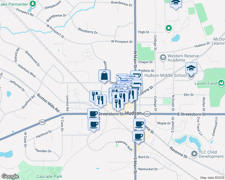 map of restaurants, bars, coffee shops, grocery stores, and more near 41 Clinton Street in Hudson