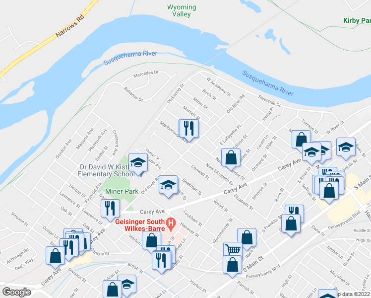 map of restaurants, bars, coffee shops, grocery stores, and more near 199 Old River Road in Wilkes-Barre