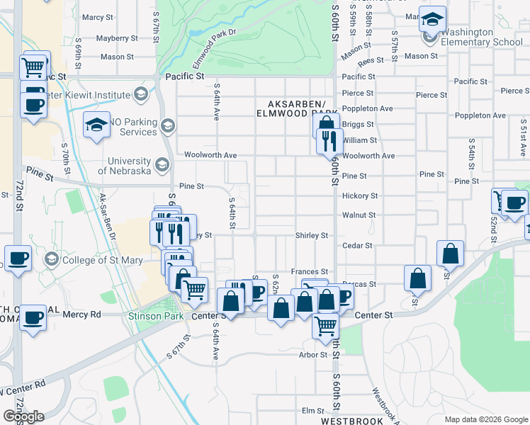 map of restaurants, bars, coffee shops, grocery stores, and more near 6192 Walnut Street in Omaha