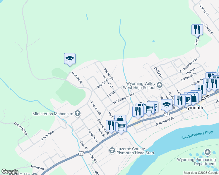 map of restaurants, bars, coffee shops, grocery stores, and more near 161-163 Orchard St in Plymouth