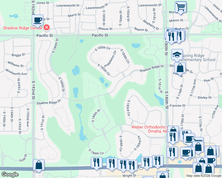map of restaurants, bars, coffee shops, grocery stores, and more near 18530 Shadow Ridge Drive in Omaha