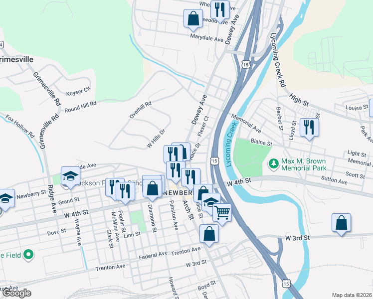map of restaurants, bars, coffee shops, grocery stores, and more near 1021 Race Street in Williamsport