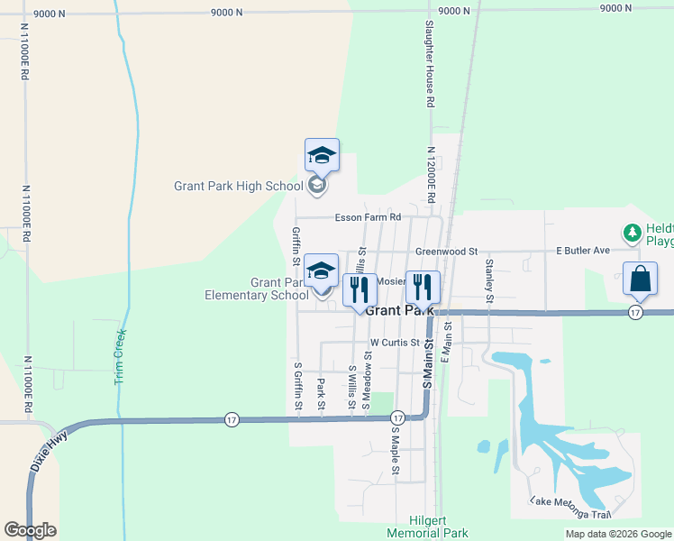 map of restaurants, bars, coffee shops, grocery stores, and more near 205 North Prairie Street in Grant Park