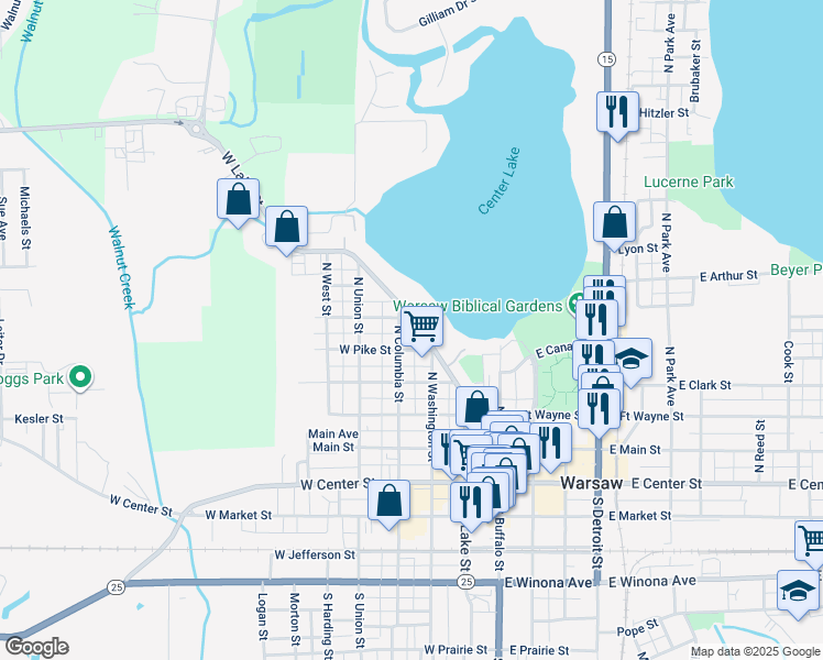 map of restaurants, bars, coffee shops, grocery stores, and more near 521 North Lake Street in Warsaw