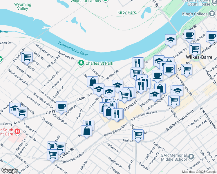 map of restaurants, bars, coffee shops, grocery stores, and more near 352 South River Street in Wilkes-Barre