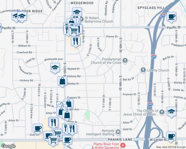 map of restaurants, bars, coffee shops, grocery stores, and more near 11718 Hickory Road in Omaha