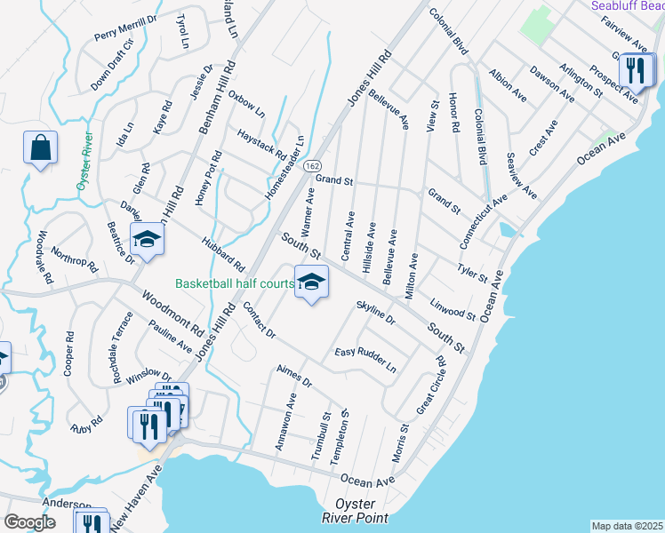 map of restaurants, bars, coffee shops, grocery stores, and more near 148 South Street in West Haven