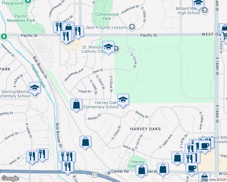map of restaurants, bars, coffee shops, grocery stores, and more near 1665 South 152nd Street in Omaha