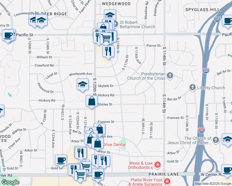 map of restaurants, bars, coffee shops, grocery stores, and more near 1618 South 118th Street in Omaha
