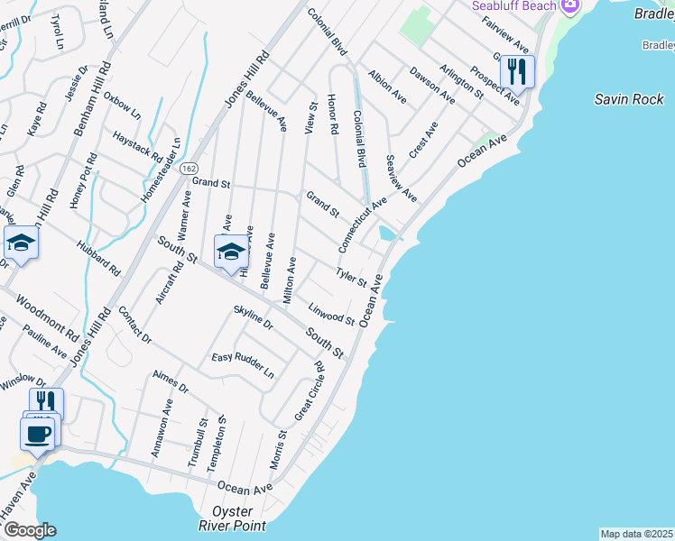 map of restaurants, bars, coffee shops, grocery stores, and more near 1 Connecticut Avenue in West Haven