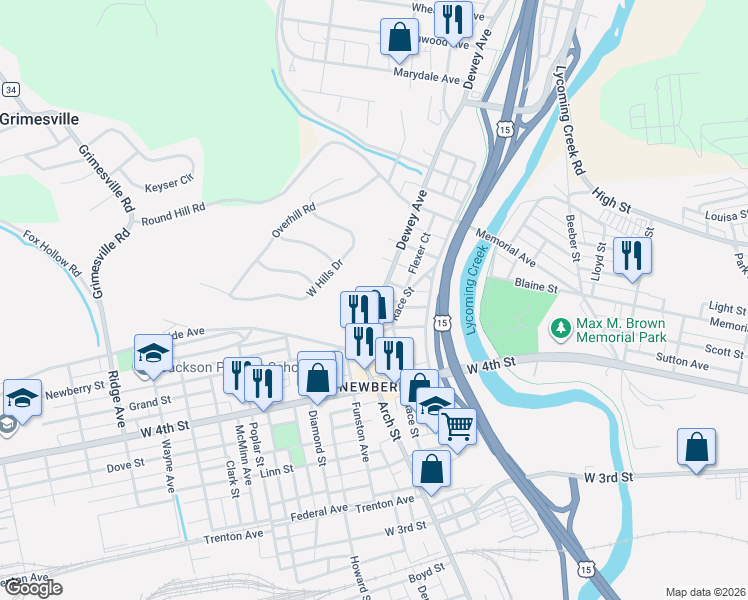 map of restaurants, bars, coffee shops, grocery stores, and more near 1029 Dewey Avenue in Williamsport